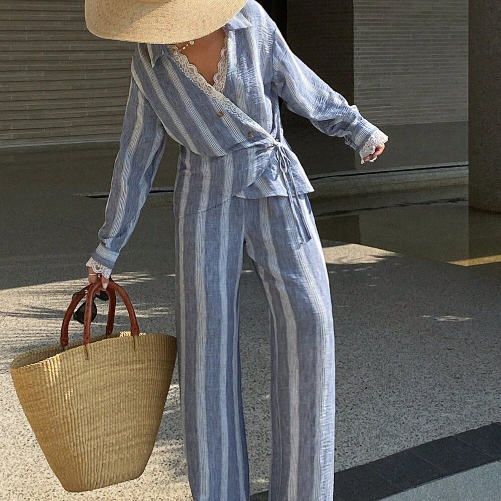 Navy Blue Casual Women's Lace Patchwork Shirt Top And Pants Set - Picture 4 of 7